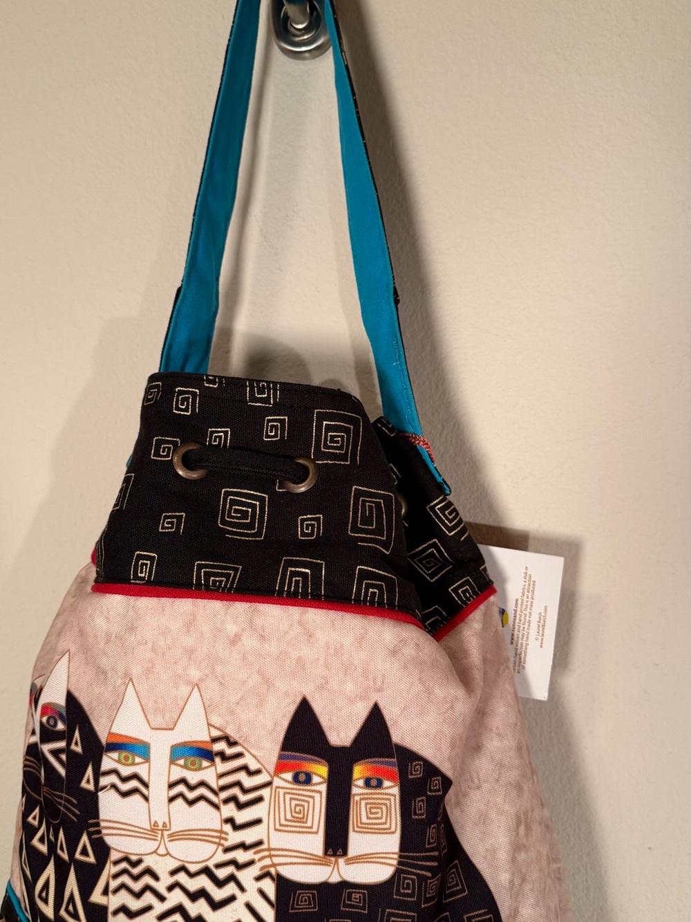 Laurel Burch Black/Turquoise/Gold Cat Drawstring Tote Bag - Picture 7 of 11